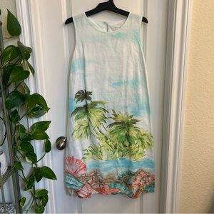 J. Jill Love Linen Tropical Island Seascape Resort Shift Dress Size S